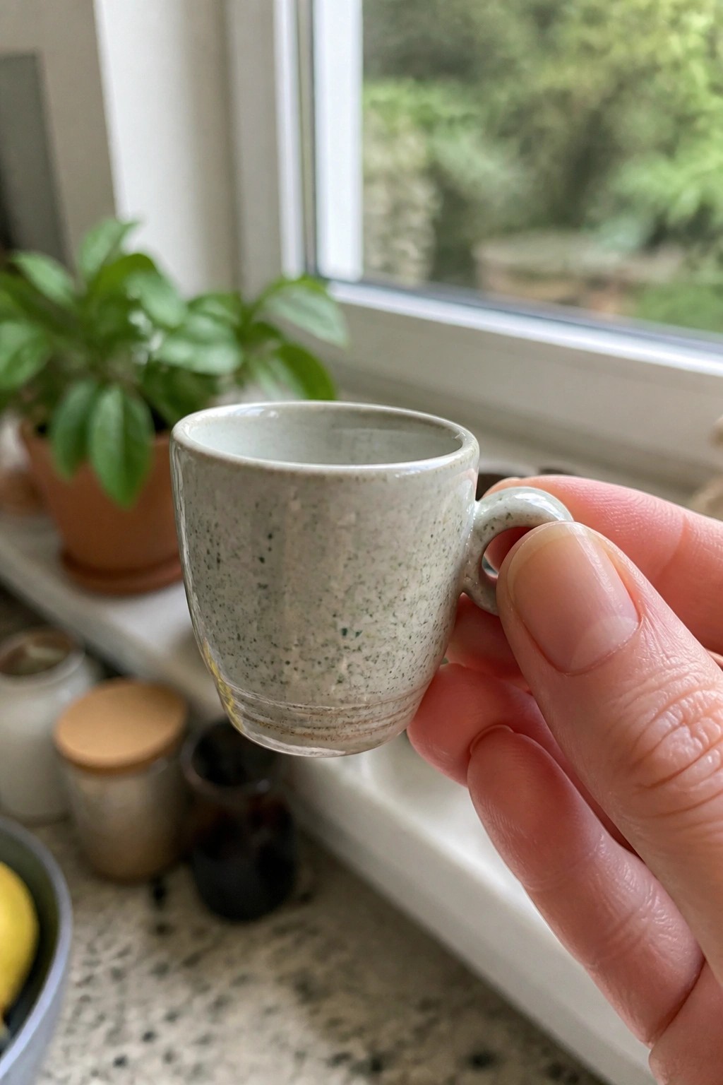 Hand holding small speckled ceramic mug near window with potted plant.