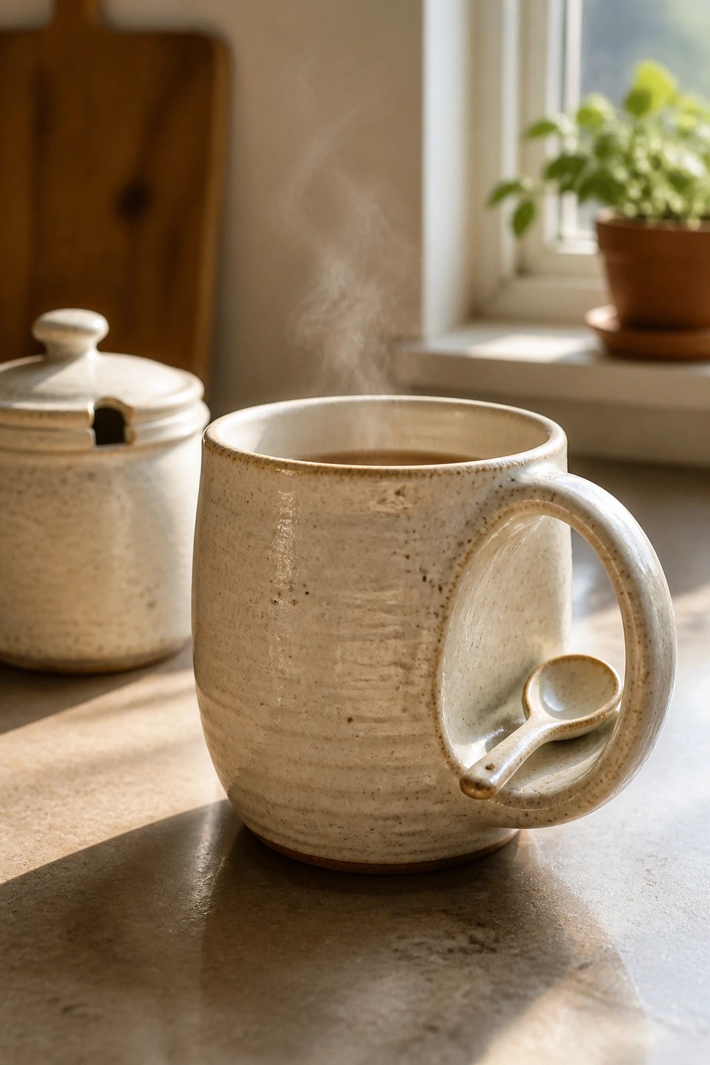 Steaming speckled ceramic mug with spoon on handle near window and plant