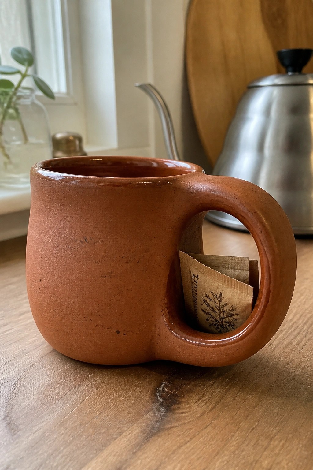 A reddish-brown ceramic mug with a hollow handle holding two tea bags on a wooden countertop.