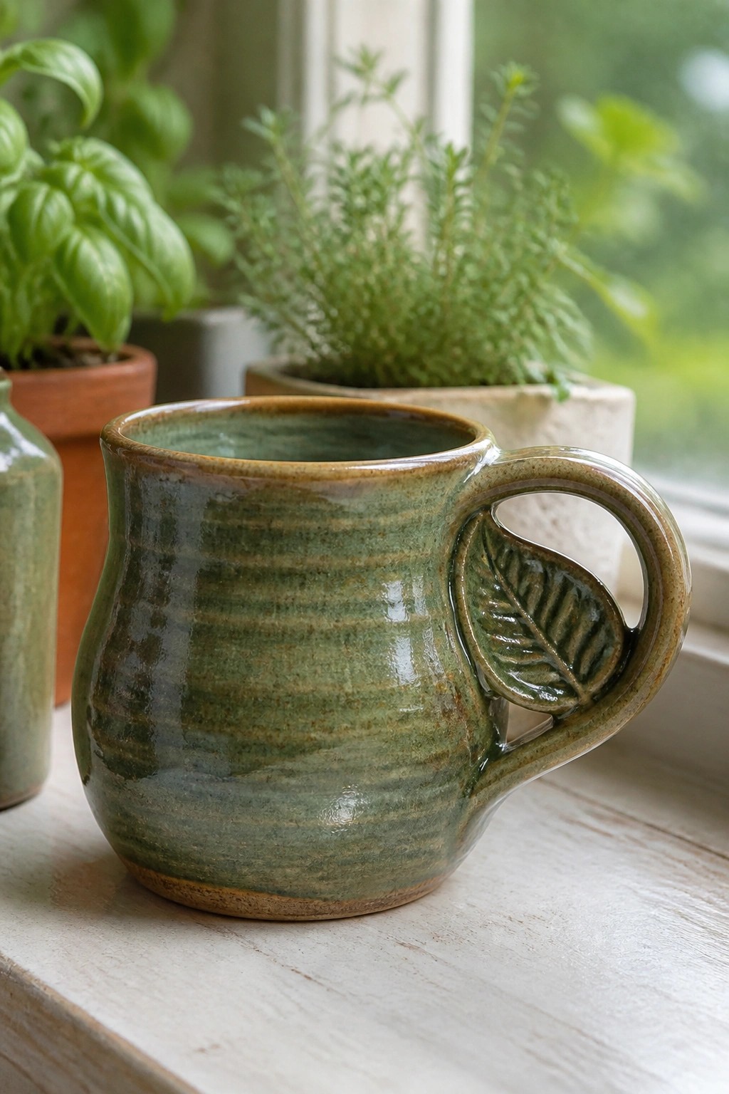 Green ceramic mug with leaf handle on windowsill beside potted herbs