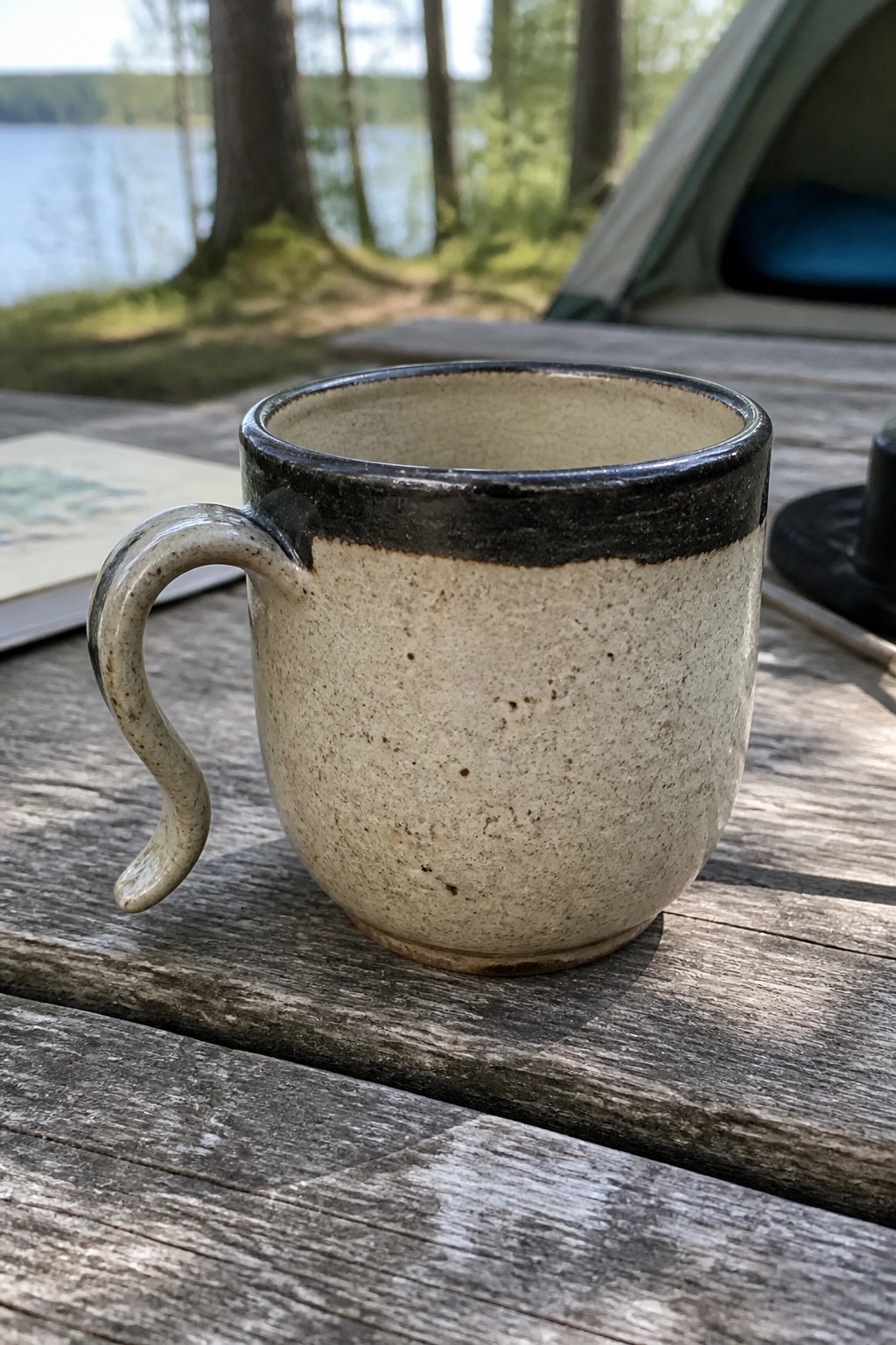 Ceramic mug with dark rim on wooden table at lakeside campsite with tent