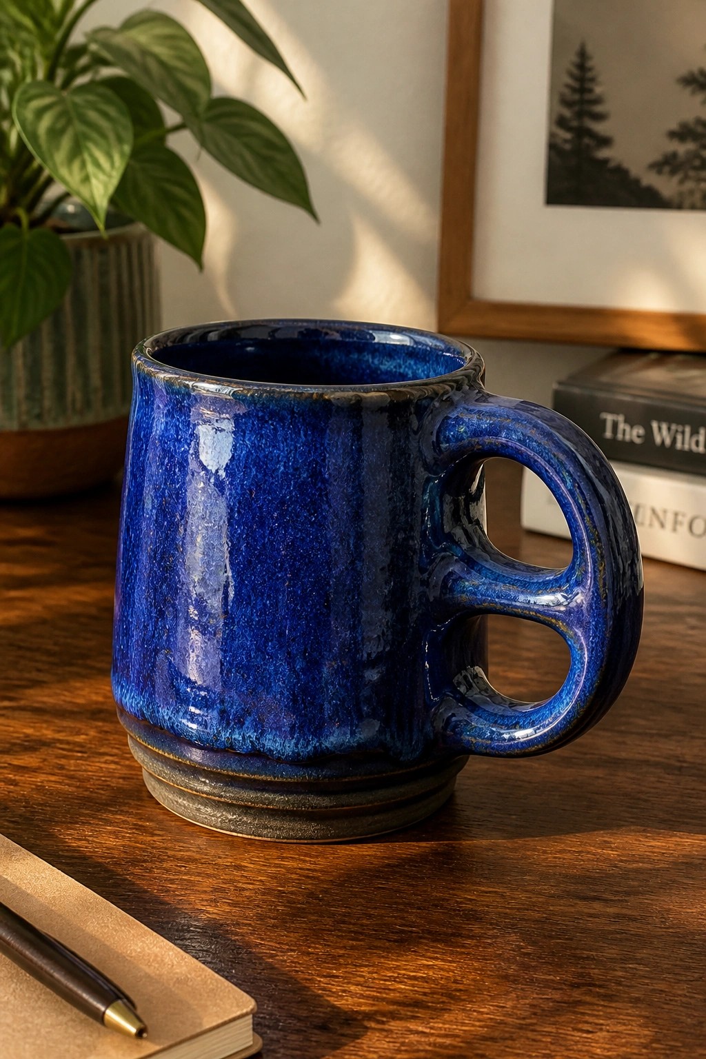 Blue ceramic mug with double-holed handle on wooden table near notebook and pen