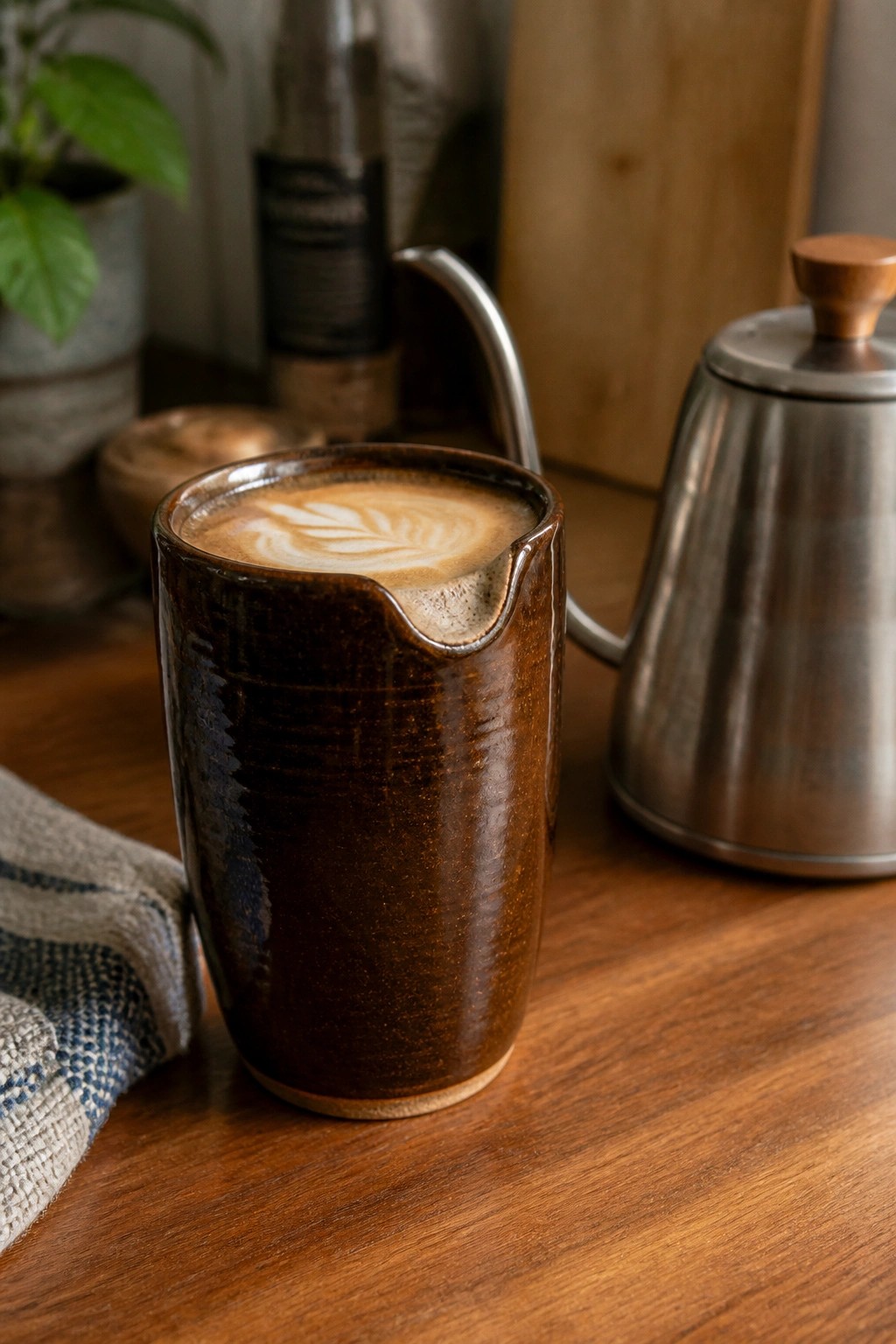 Rustic brown ceramic mug with latte leaf art on wooden table near metal kettle