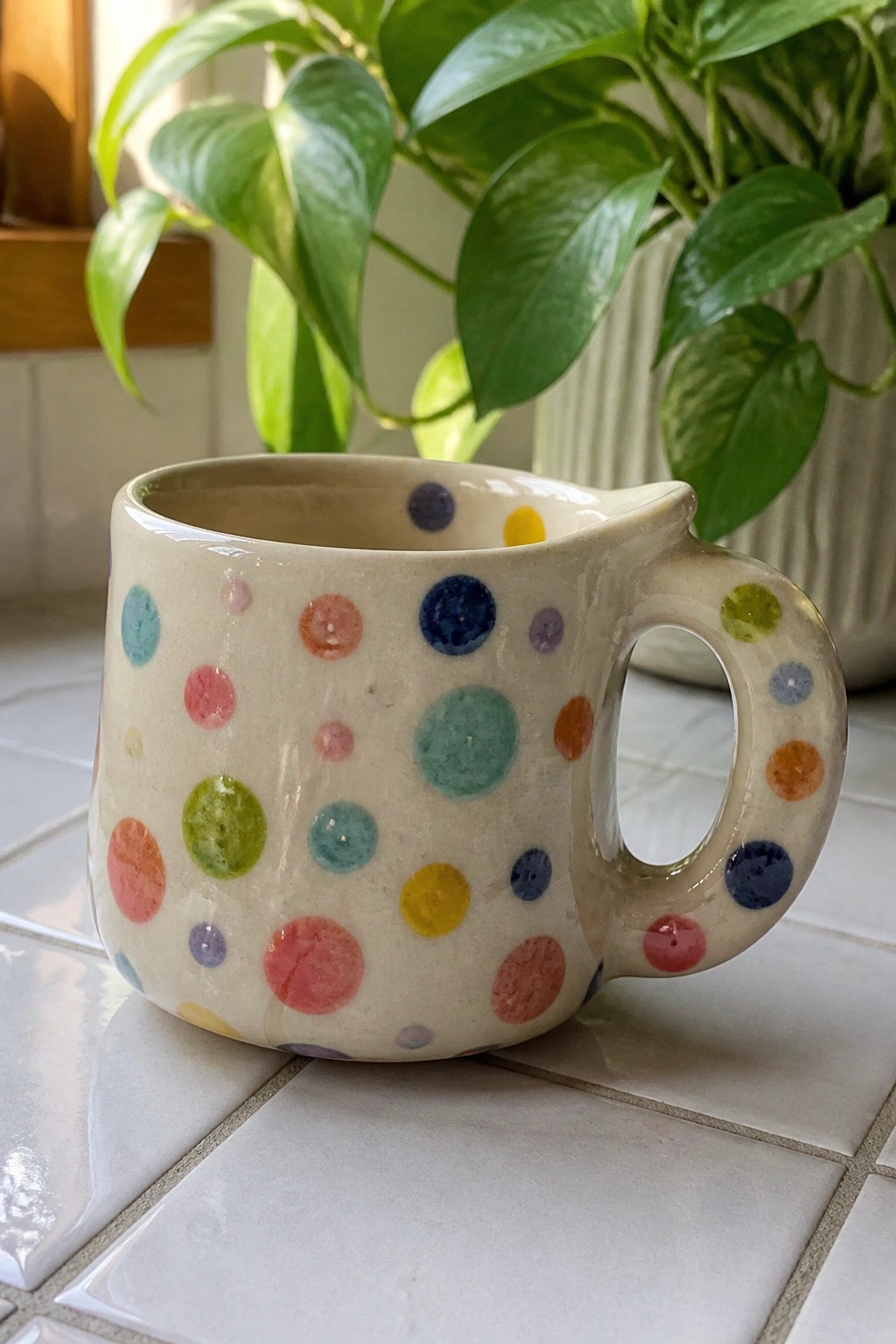 A white ceramic mug with colorful polka dots and a handle containing a circular hole rests on a white tiled surface.