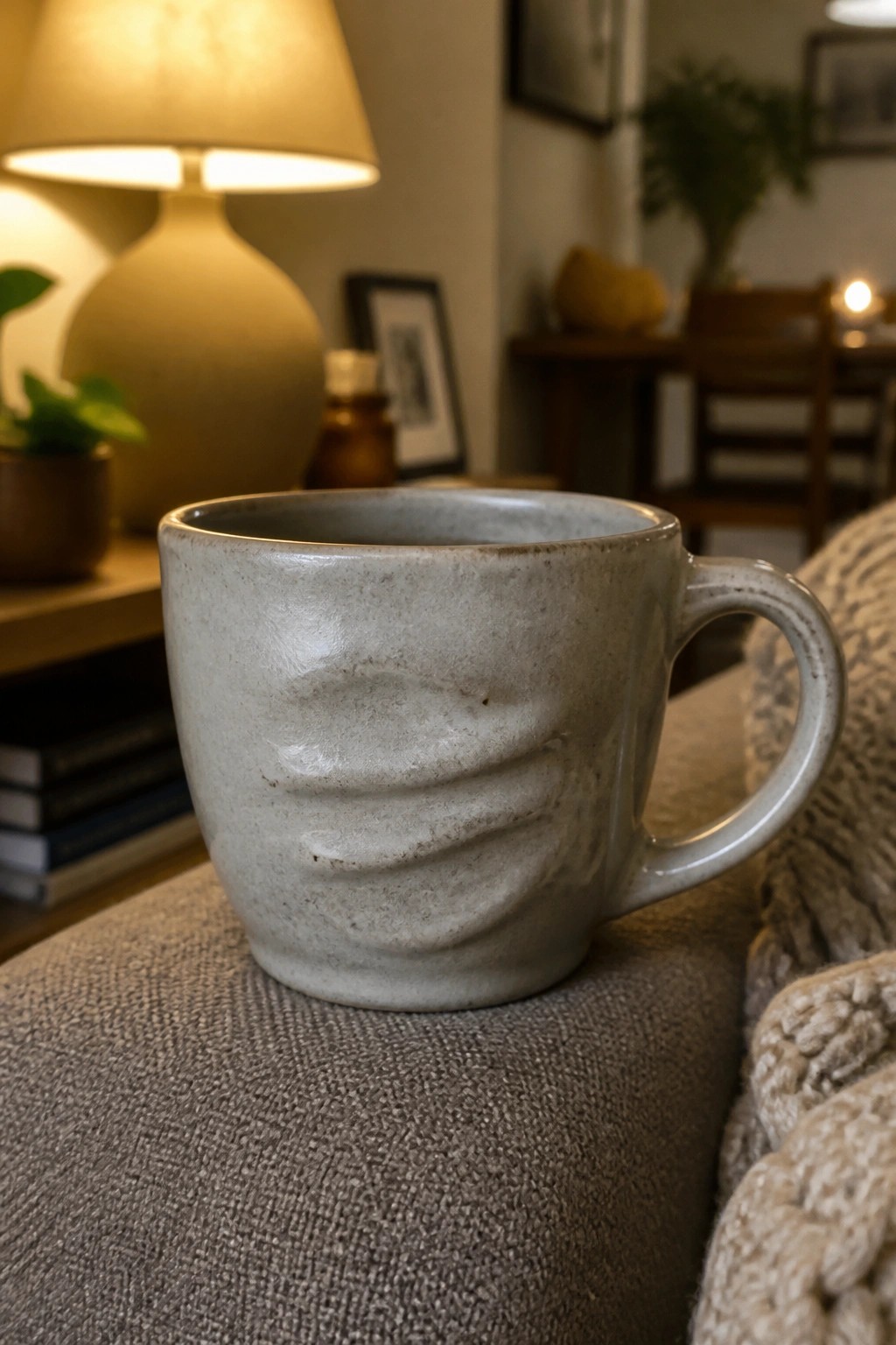 A gray ceramic mug with horizontal sculpted ridges rests on textured fabric with a lamp visible in the background.