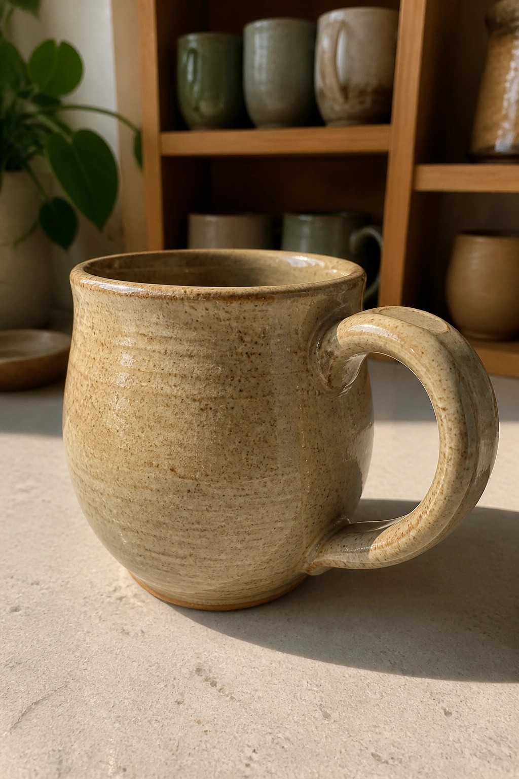 A beige speckled ceramic mug with a thick curved handle rests on a light countertop with wooden shelves of other mugs visible behind it.