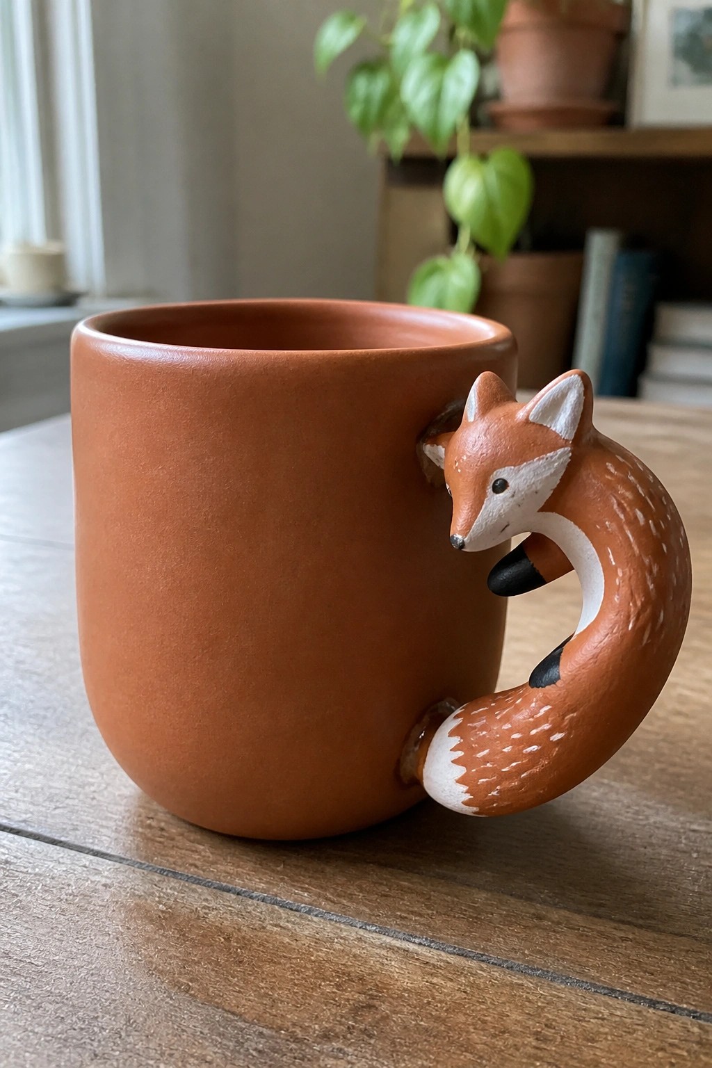 Terracotta mug with curled orange fox as its sculpted handle on wood.