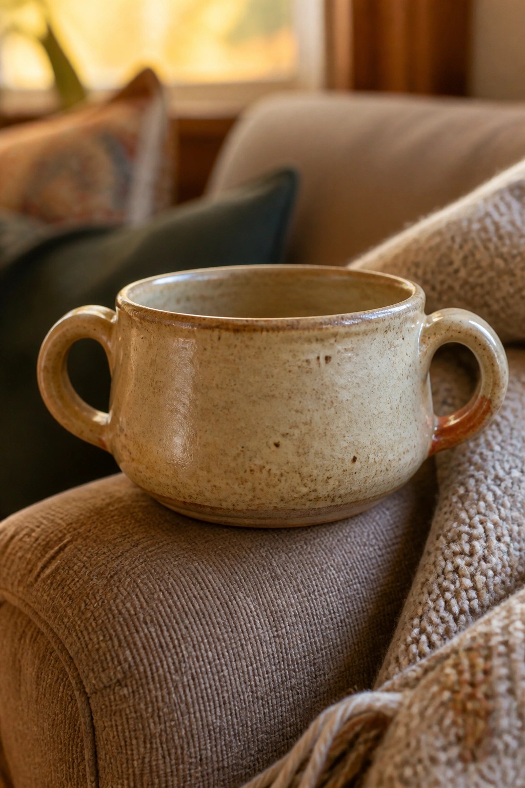 Speckled beige ceramic mug with handles on brown textured couch cushion