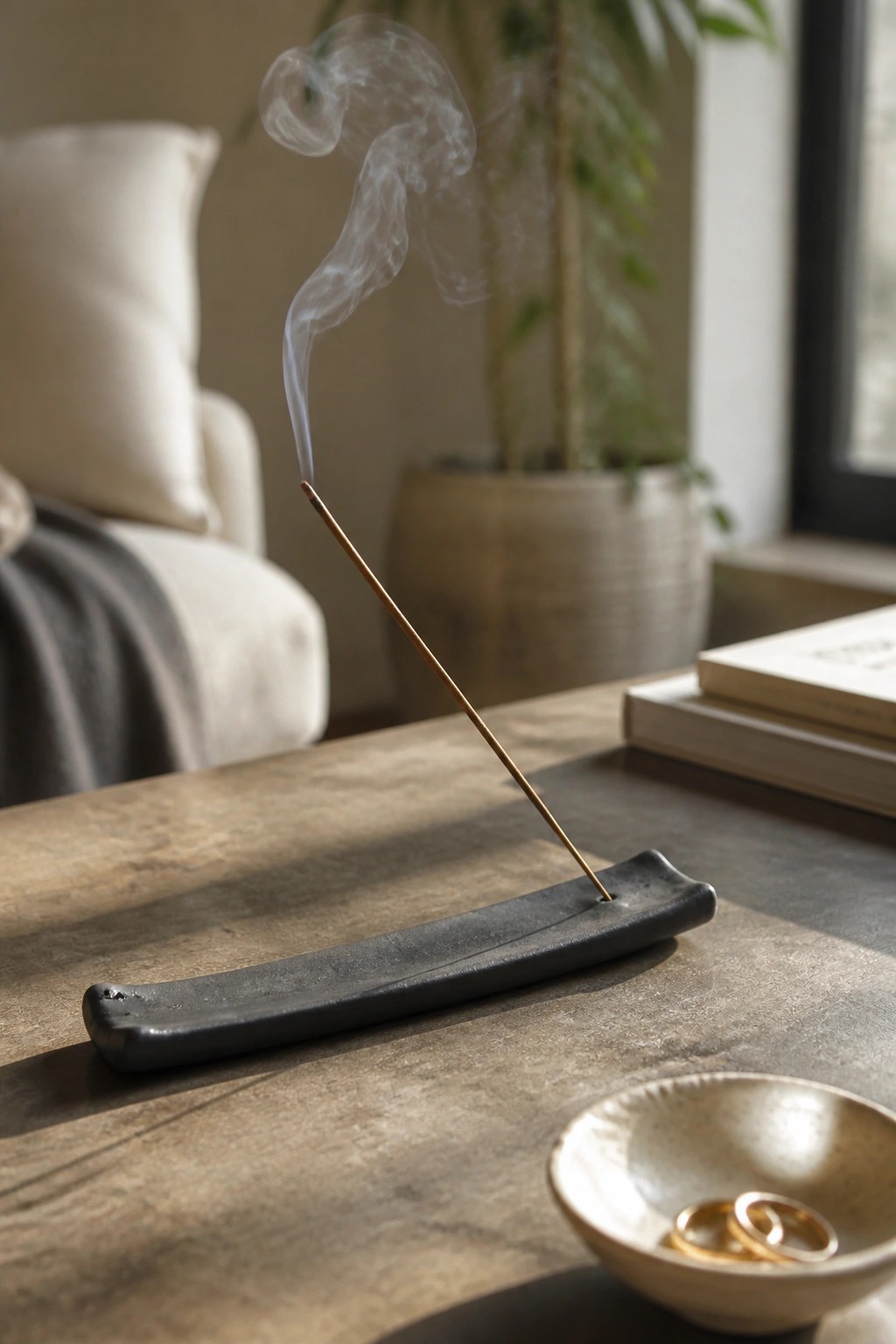 A black ceramic incense holder tray with a lit stick rests on a wooden table beside a small bowl holding two rings.