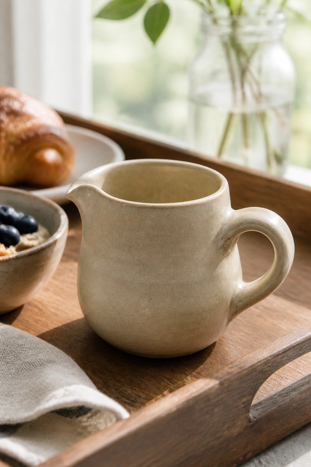 A small beige ceramic pitcher with a handle sits on a wooden tray next to a bowl of oatmeal and a croissant.