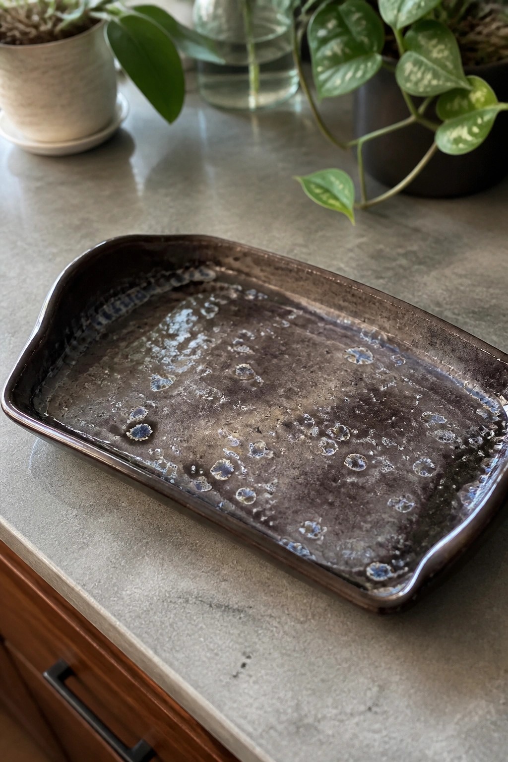 Rectangular dark brown ceramic dish with blue speckles on gray countertop