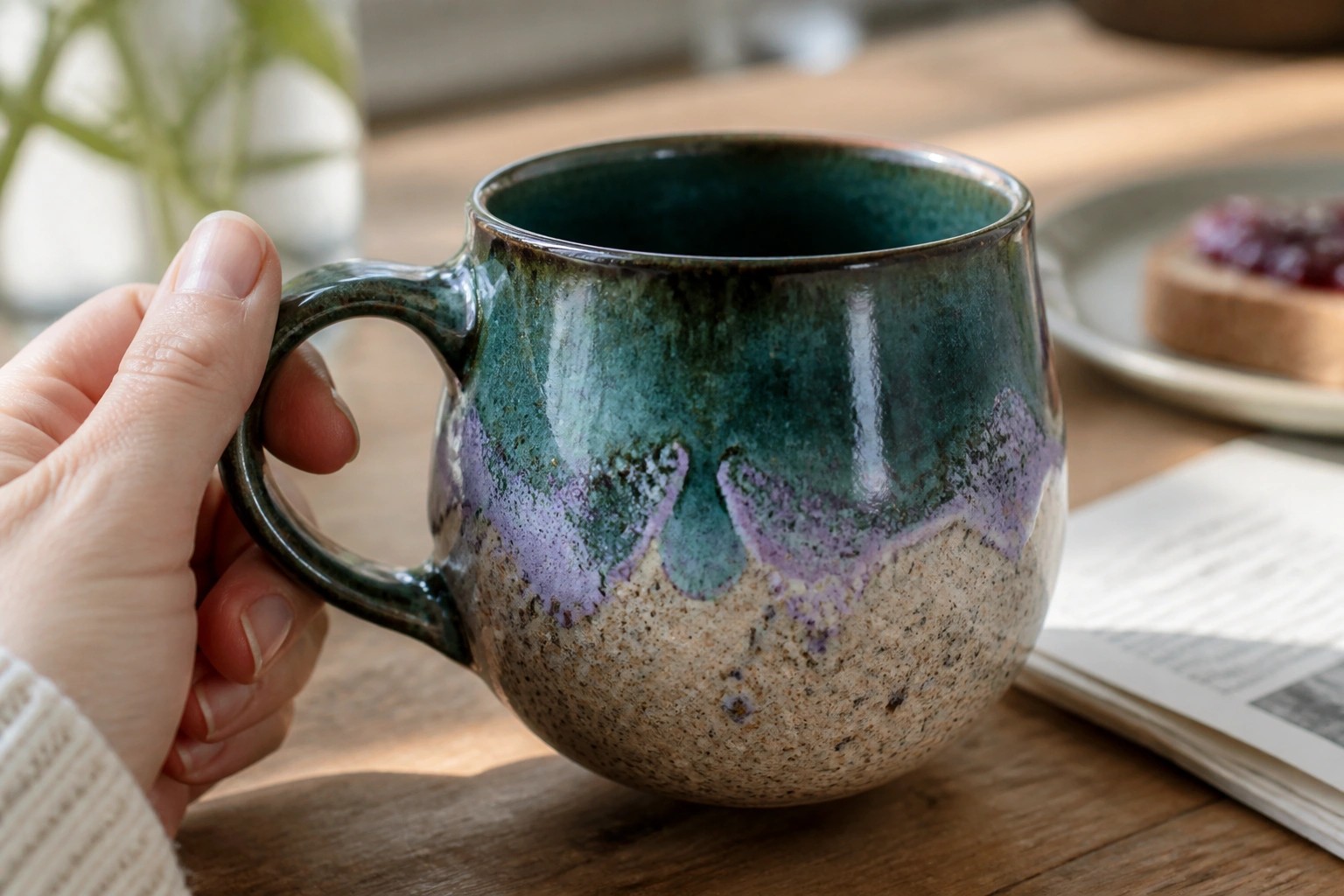 Hand in green knit sweater holding drippy green-purple ceramic mug on wood table