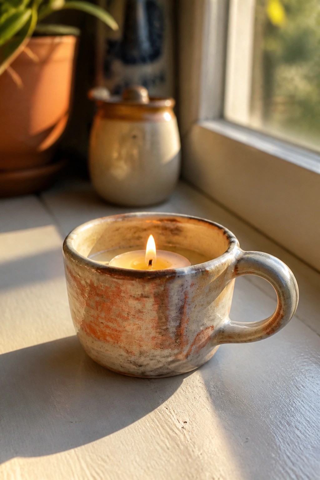 Lit candle in rustic ceramic mug on sunlit windowsill with potted plant nearby