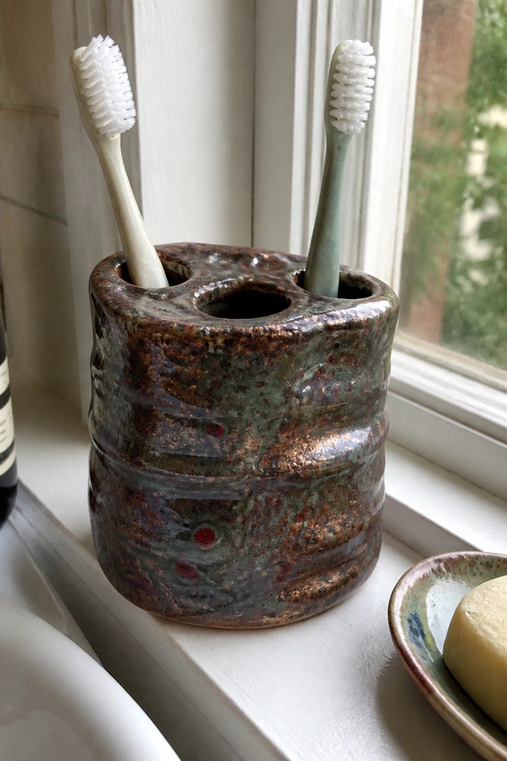 Two toothbrushes in a rustic mottled ceramic holder on a windowsill beside soap.