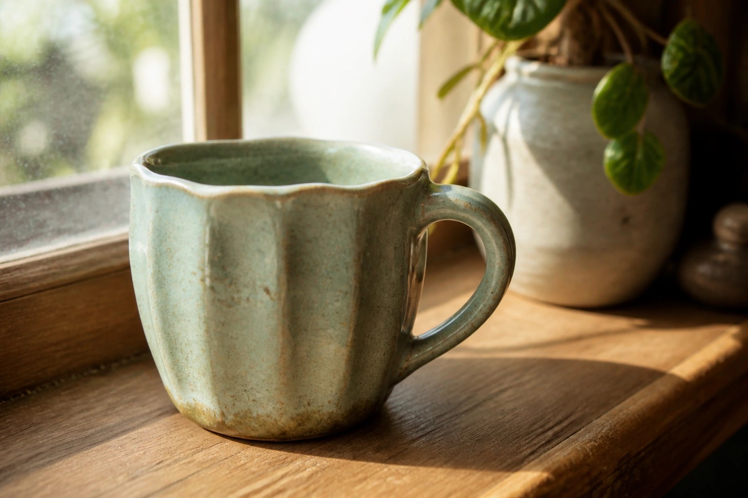 Light green fluted ceramic mug on wooden surface by window.