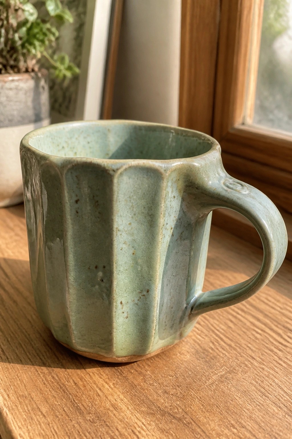 Light green fluted ceramic mug on wooden surface by window.