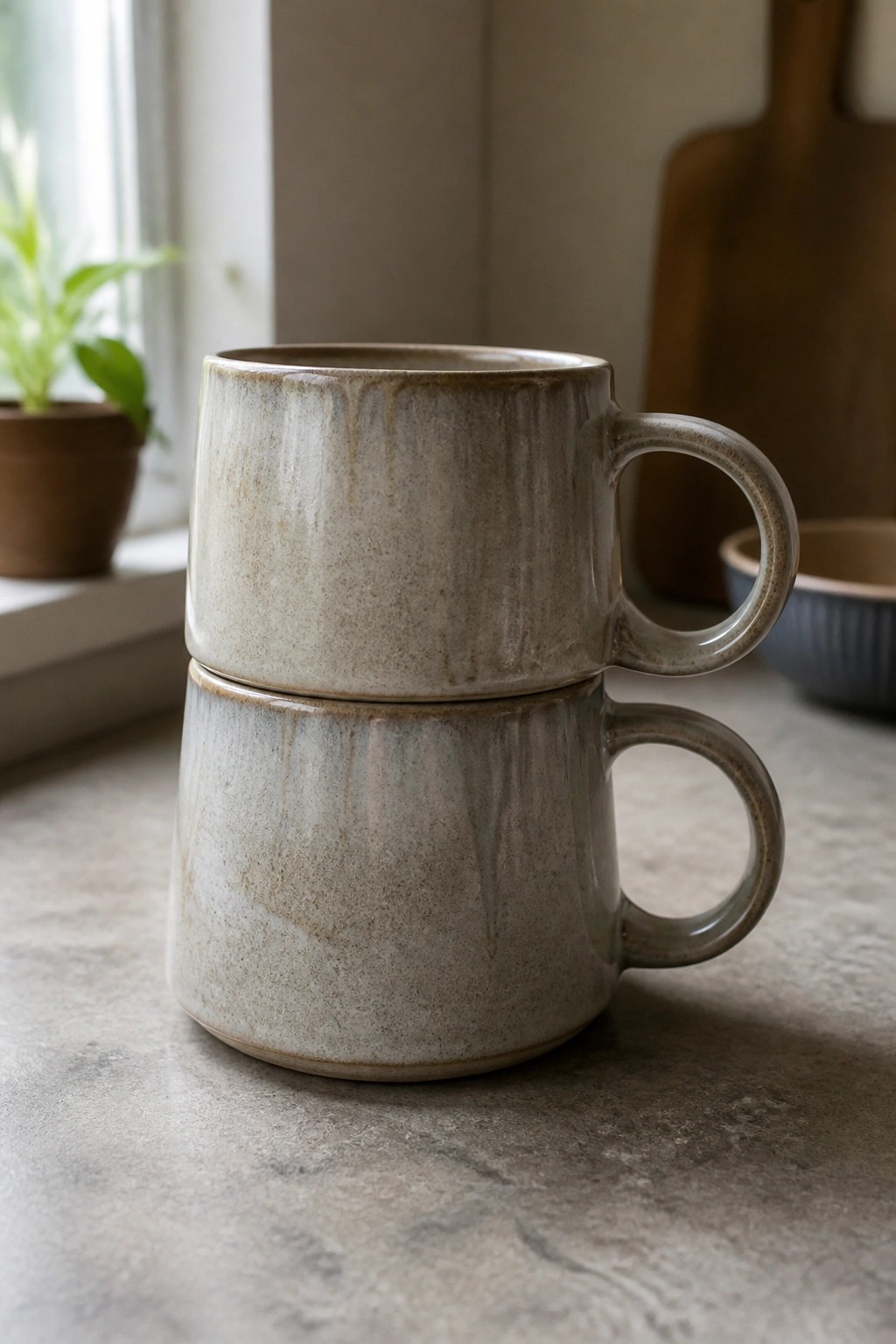 Two stacked ceramic mugs on a kitchen countertop by a window.