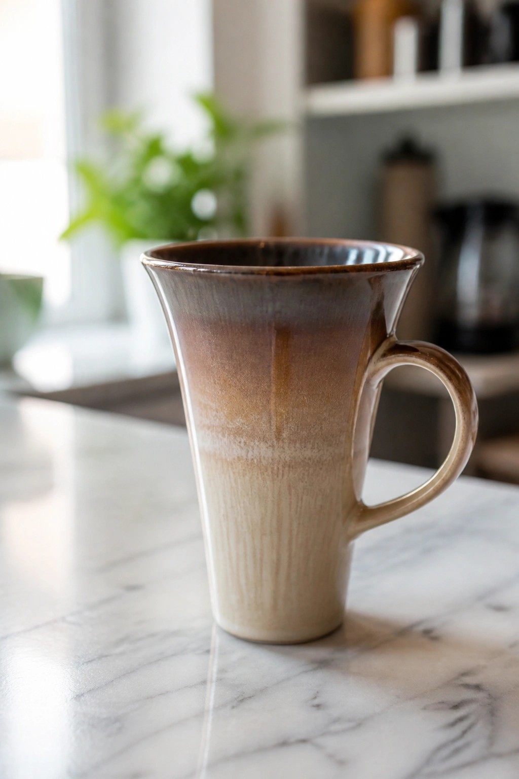 Tall ceramic mug with brown-to-beige glaze on marble countertop