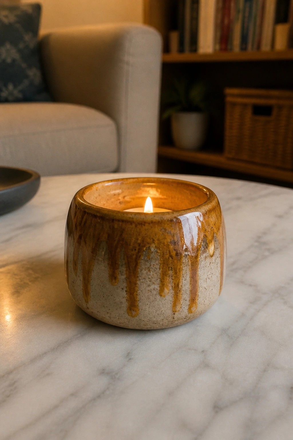 A small round ceramic candle holder with brown dripping glaze holds a lit candle on a white marble table.