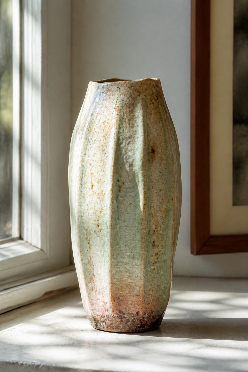 Crackled ceramic vase with green and brown glaze on sunny windowsill