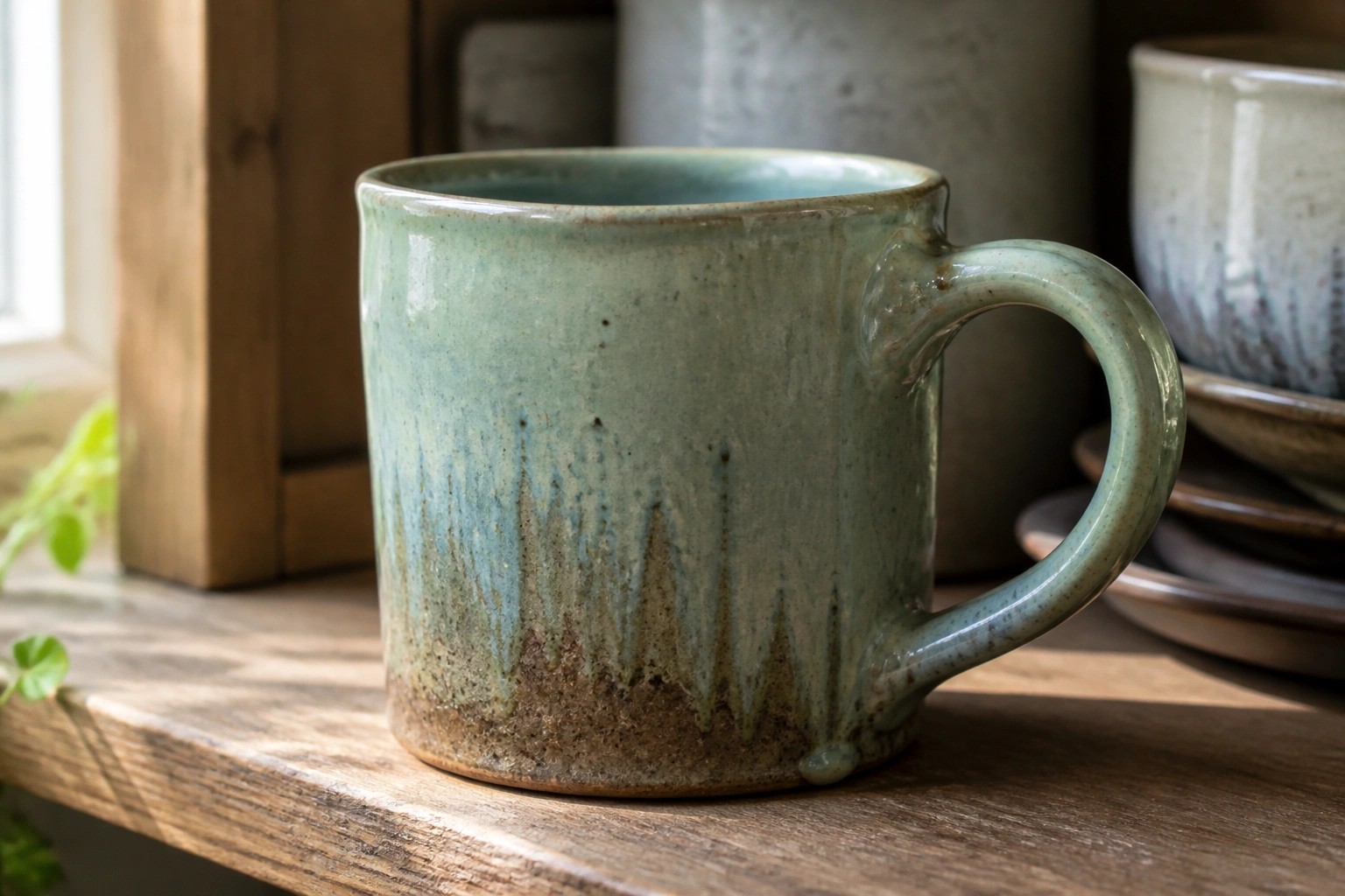 A turquoise ceramic mug with dripping glaze on a wooden surface.