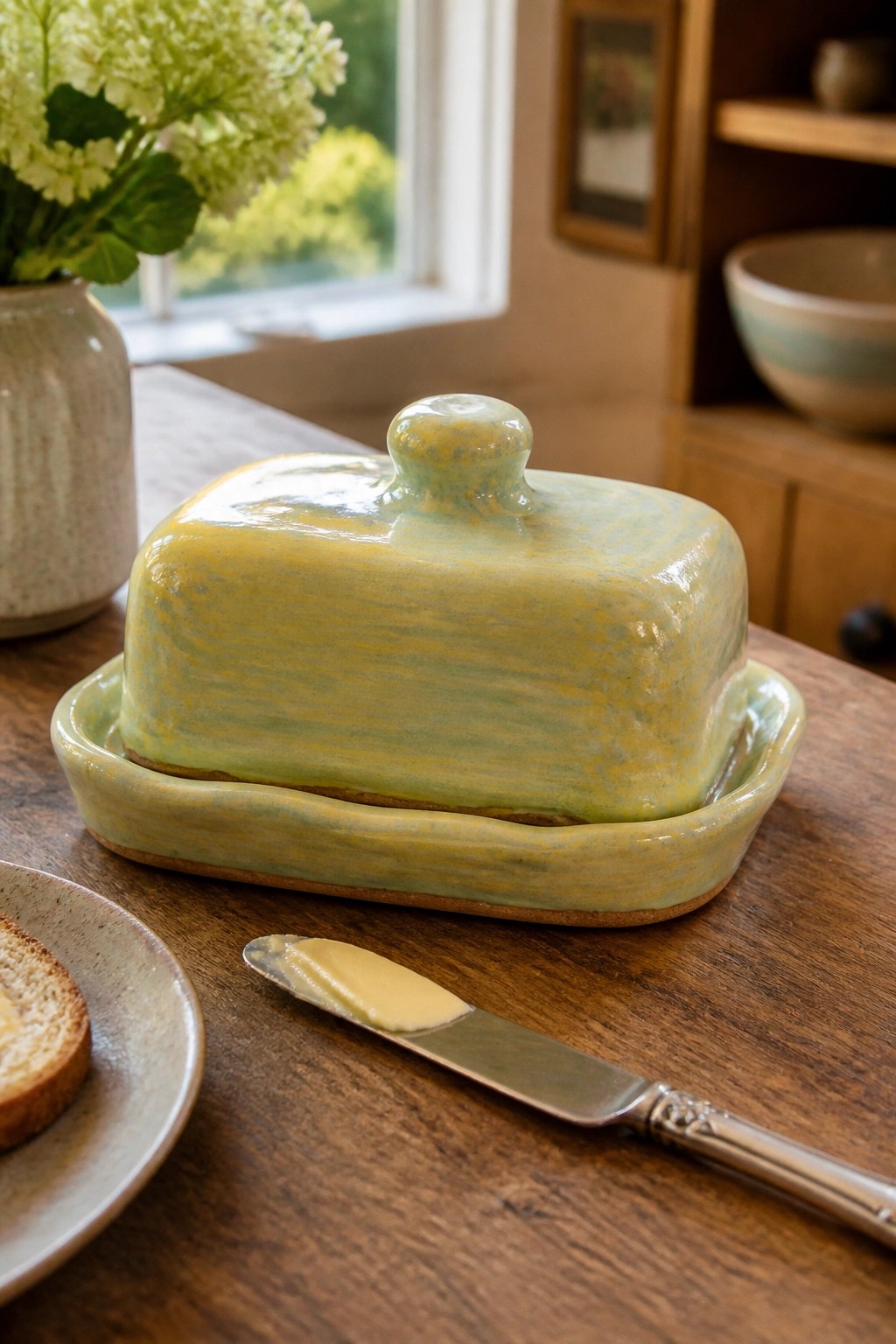 Green-yellow ceramic butter dish on wooden table with knife and toast