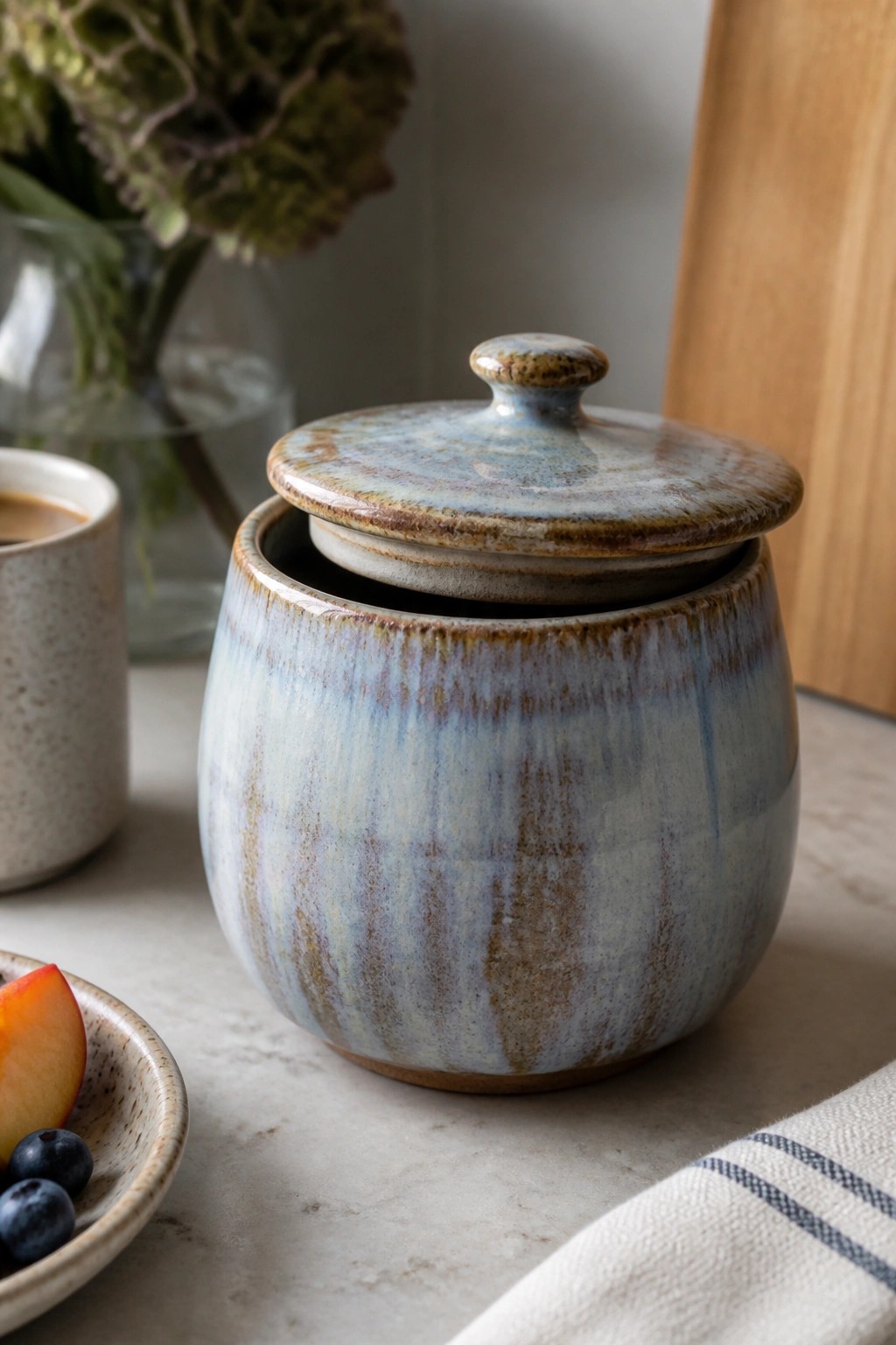 Blue-brown glazed ceramic jar with lid on marble counter beside fruit and mug