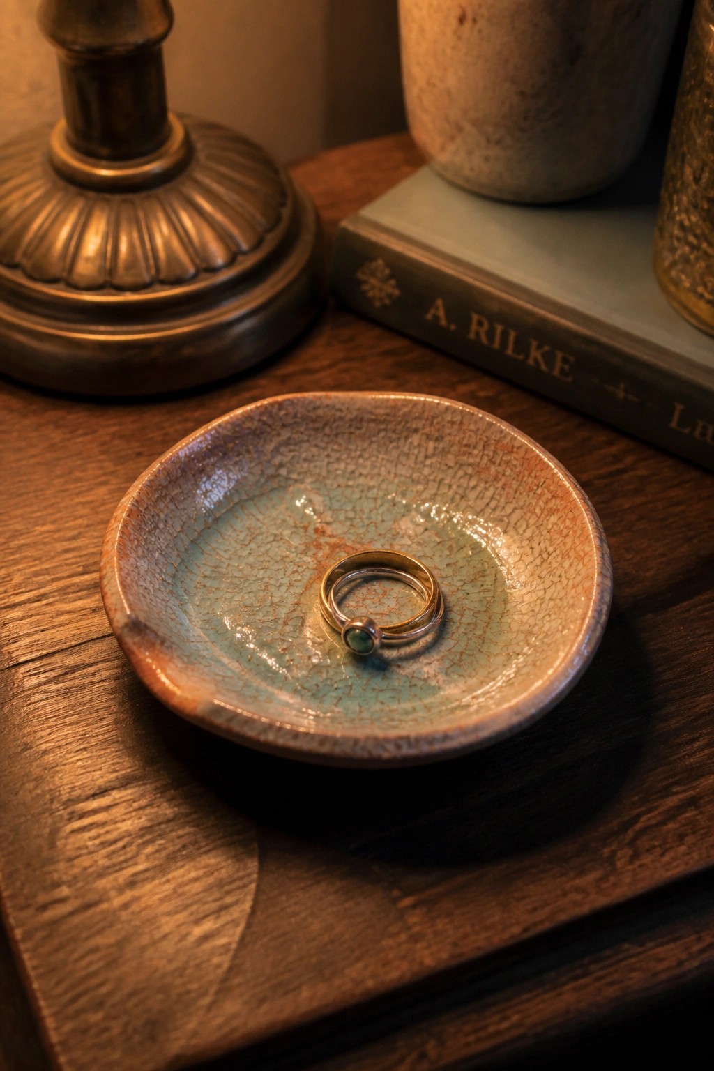 A small handmade ceramic dish with crackled turquoise and brown glaze holding two rings on a wooden surface.