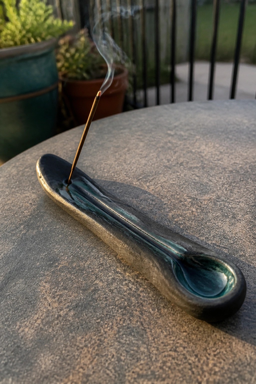 Burning incense stick in a blue ceramic holder on a stone table outdoors