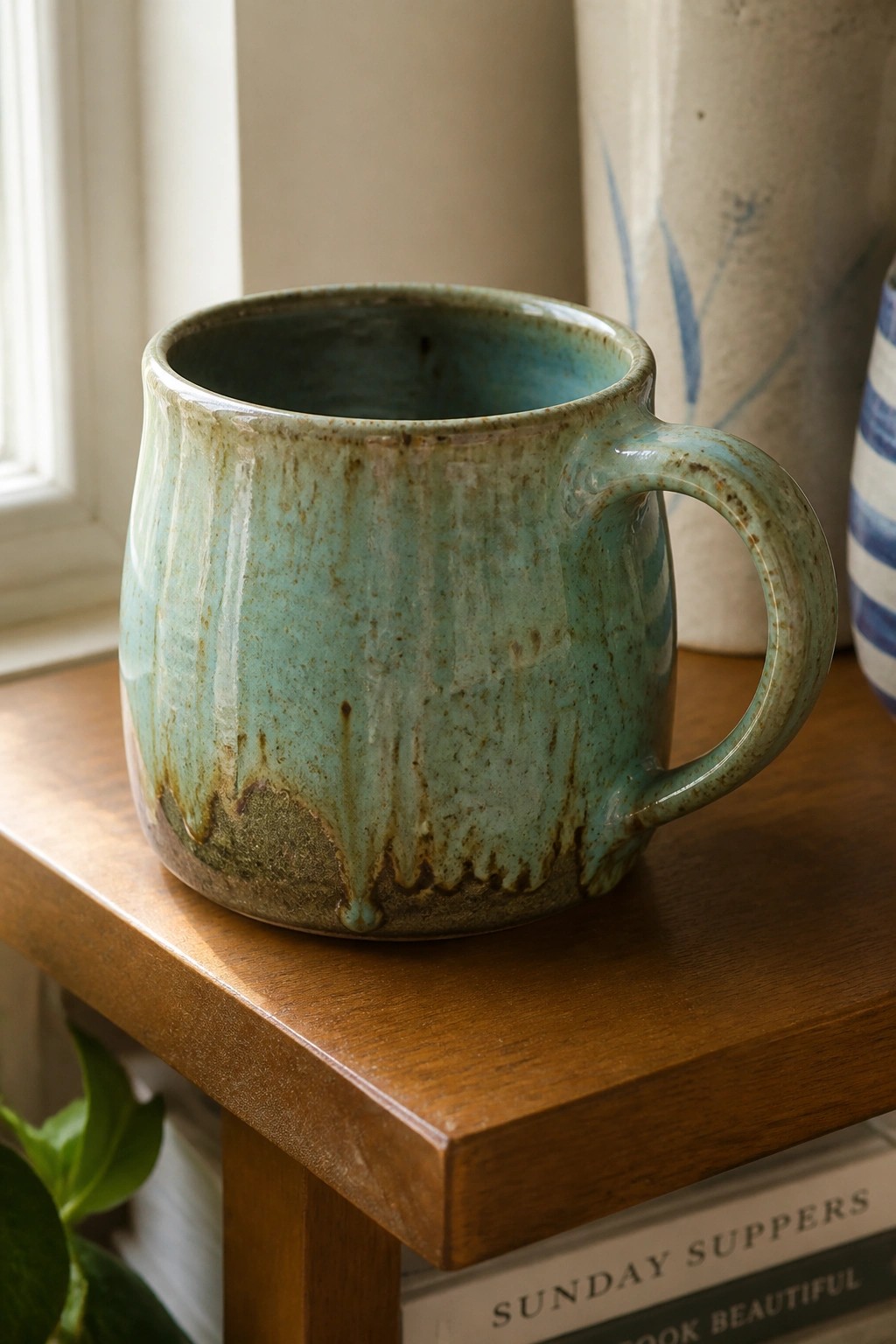 A turquoise ceramic mug with dripping glaze on a wooden surface.