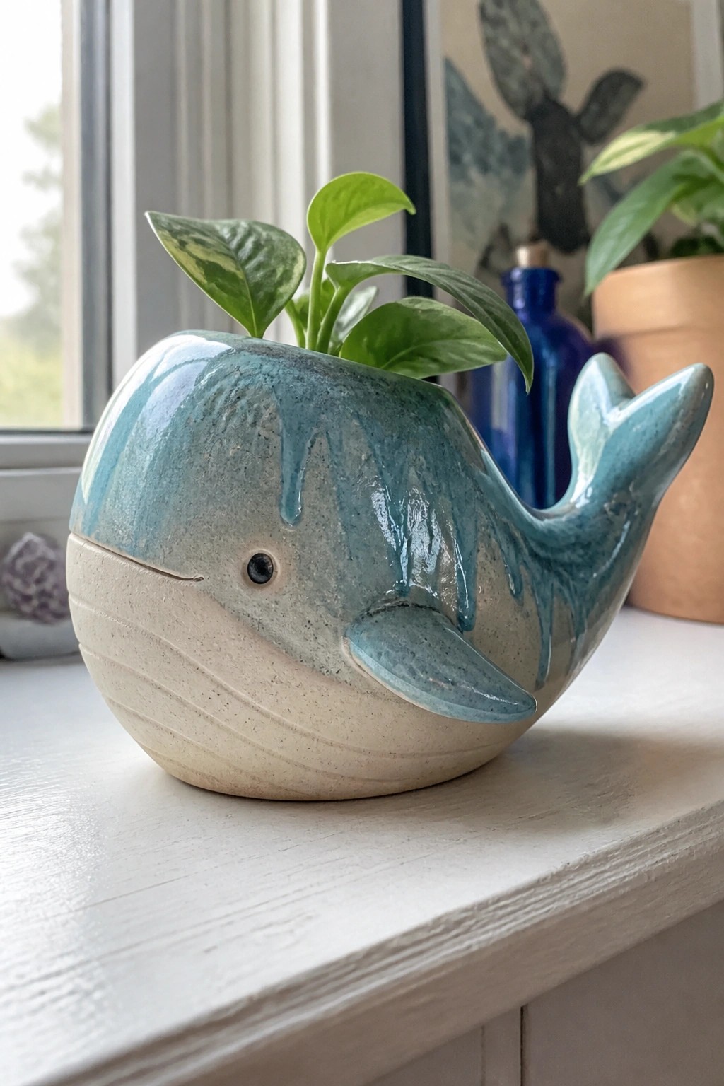 Blue ceramic whale planter with green plant on white windowsill