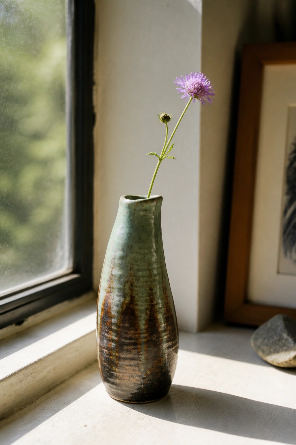 Rustic ceramic vase with purple flower on sunlit windowsill, green-brown glaze.