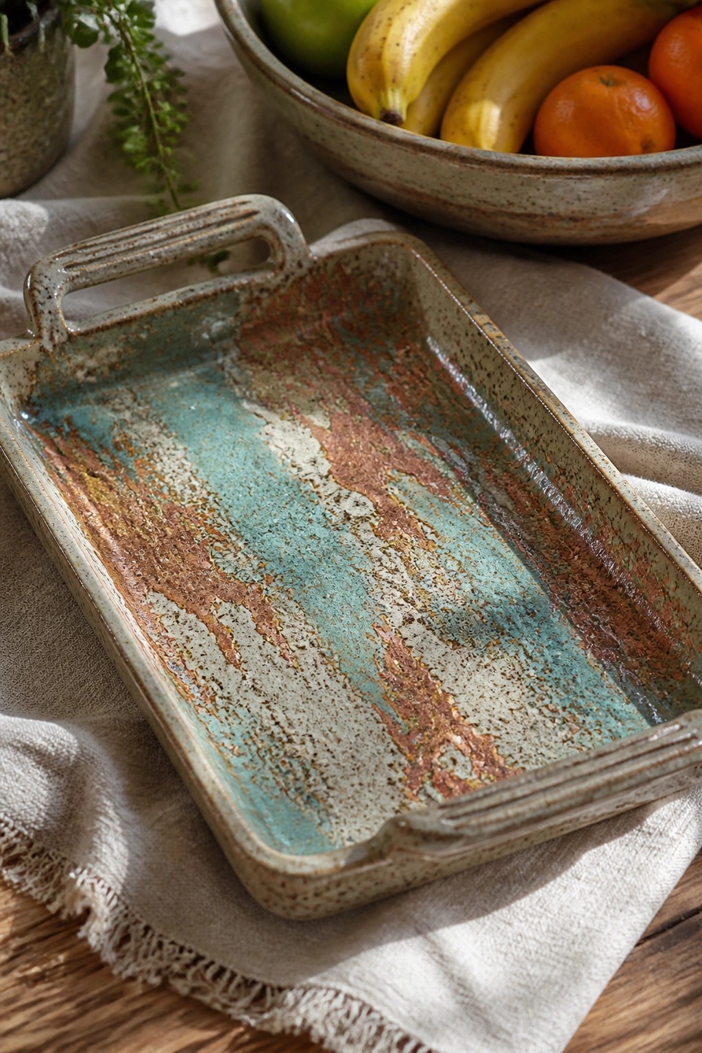 Rectangular ceramic tray with handles showing streaked turquoise, rust, and cream glazes on a cloth surface.