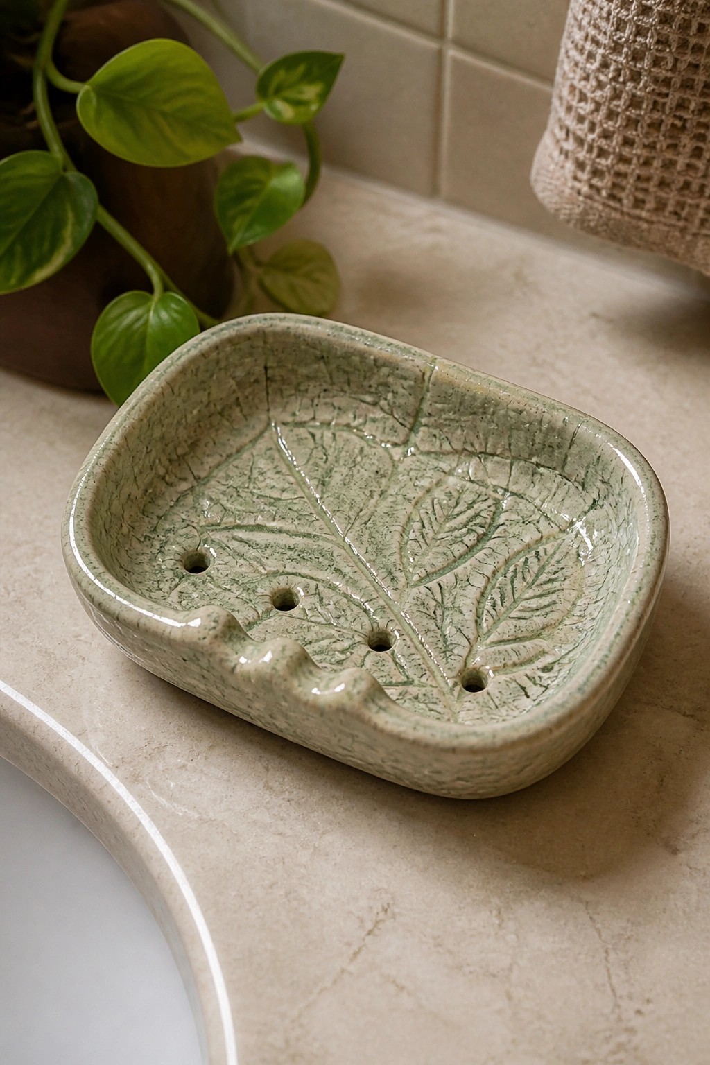 Green ceramic soap dish with leaf patterns on marble bathroom countertop
