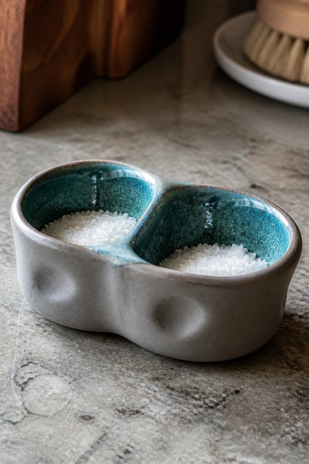 Two-compartment ceramic bowl with blue glaze holding white salt on countertop