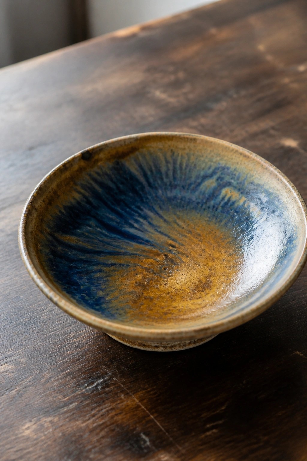 Ceramic bowl with blue and brown radiating glaze on dark wooden table