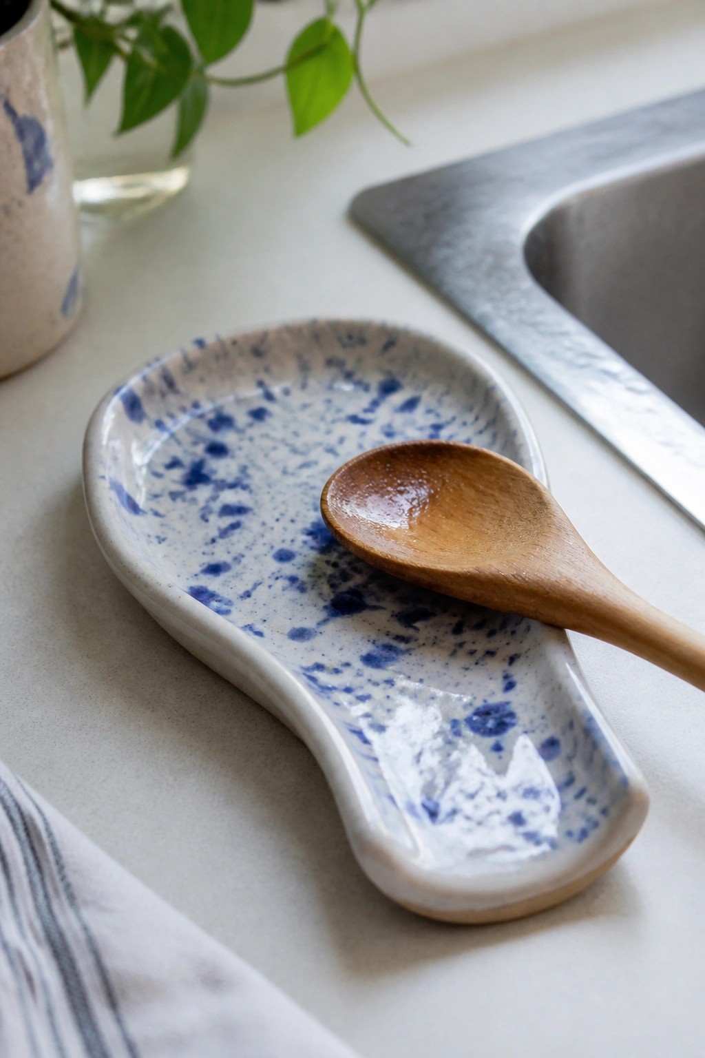 Wooden spoon on blue-speckled white ceramic rest beside kitchen sink with plant