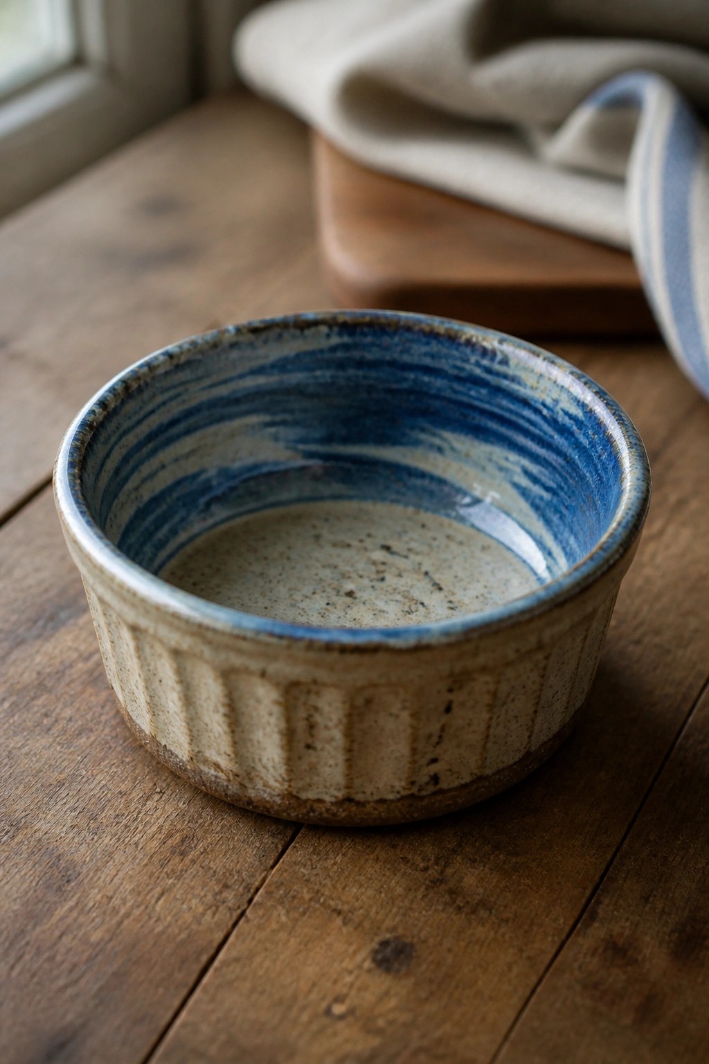 A small ceramic bowl with blue streaked interior glaze and a fluted beige exterior rests on a wooden surface.