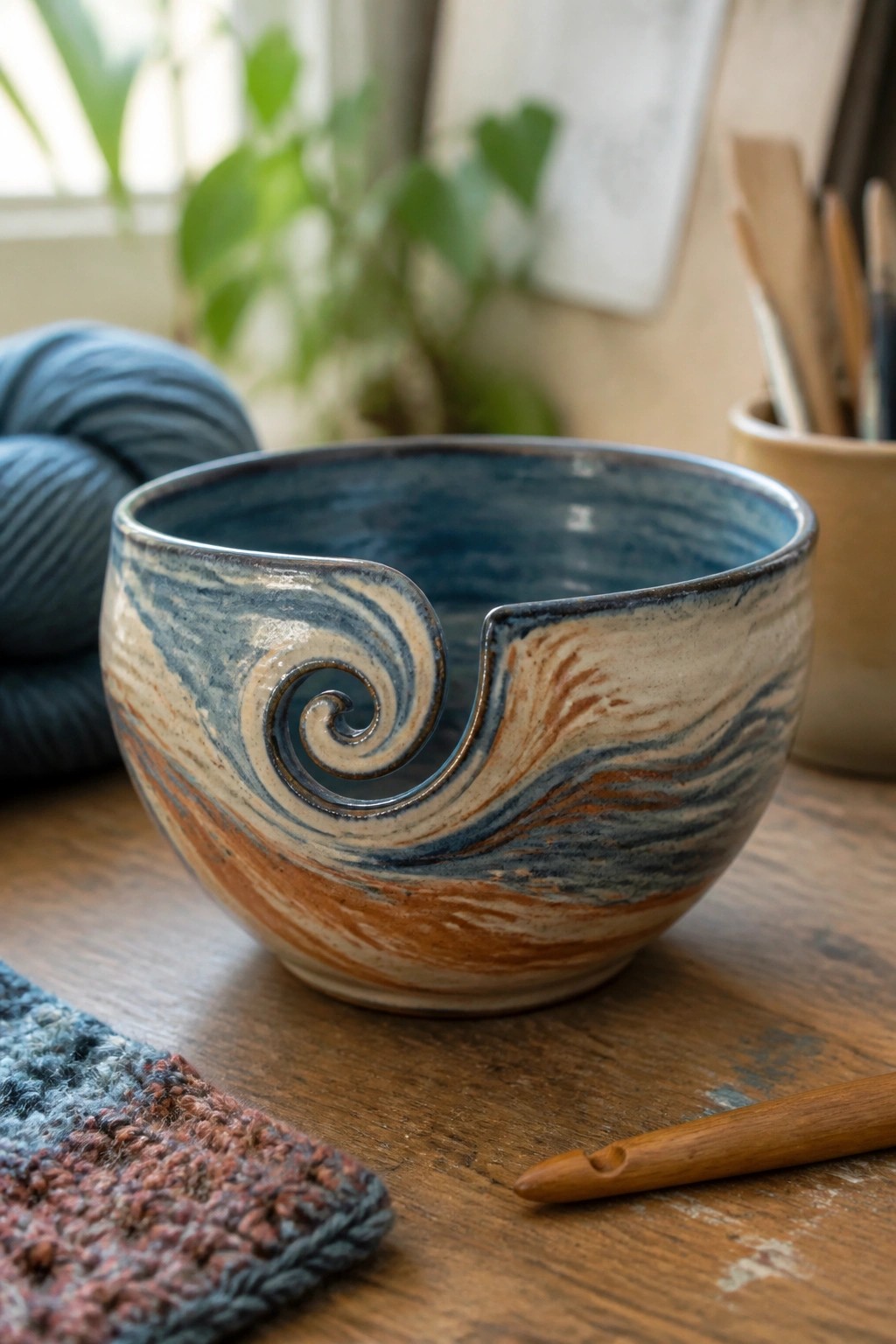 Ceramic yarn bowl with blue and terracotta swirls beside crochet hook and blue yarn