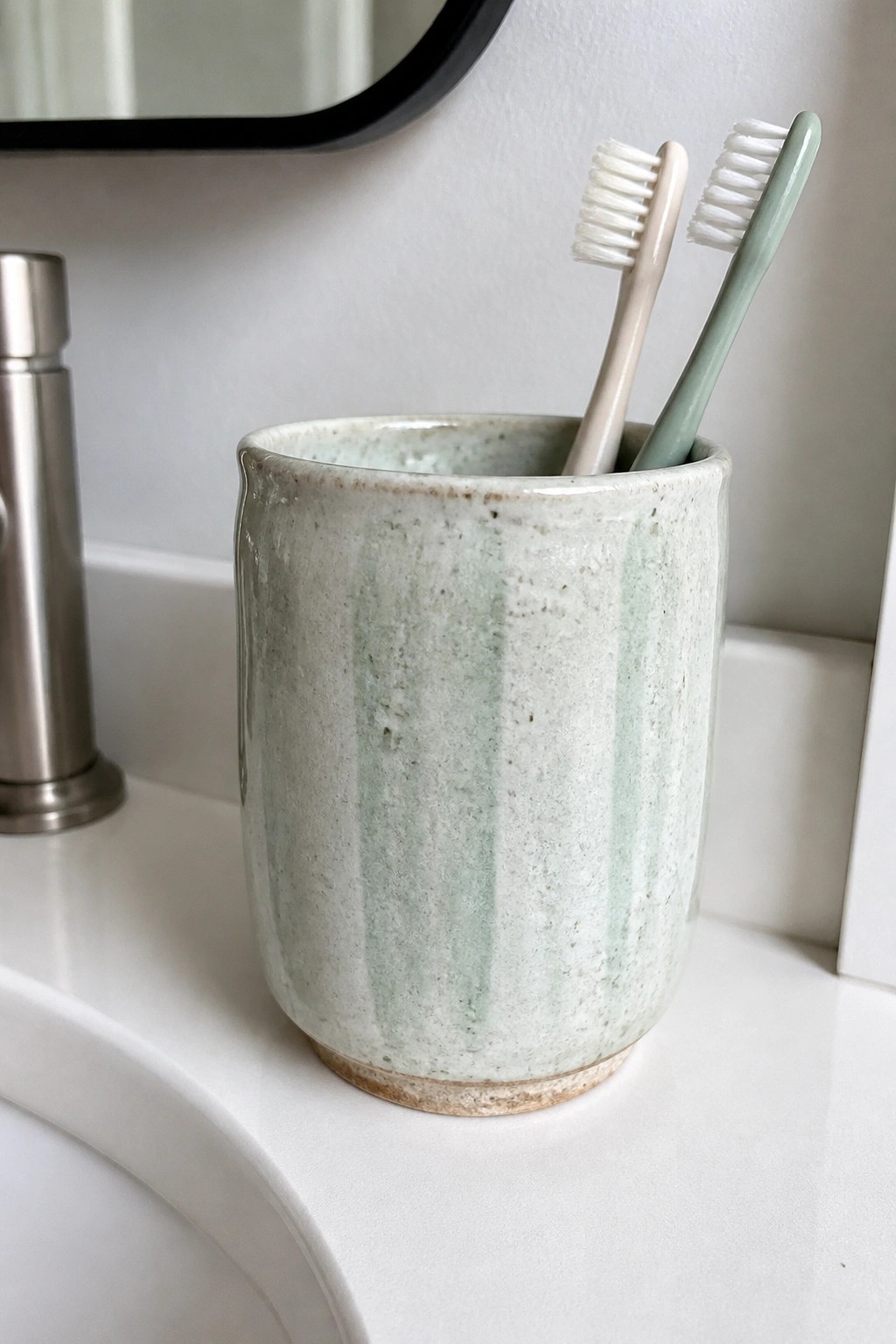 Speckled ceramic cup holding two toothbrushes on a white bathroom sink
