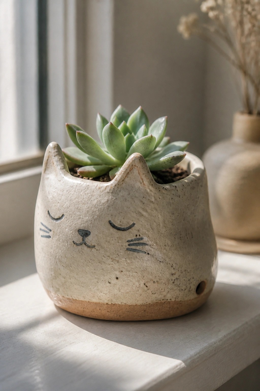 Cat-shaped ceramic planter with green succulent on sunlit windowsill