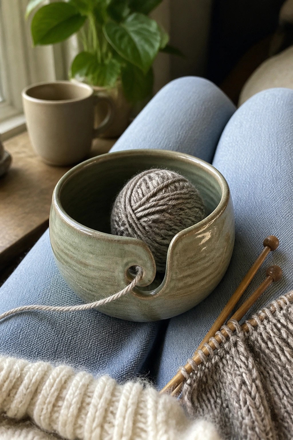 Green ceramic yarn bowl with gray yarn on lap beside knitting needles and fabric