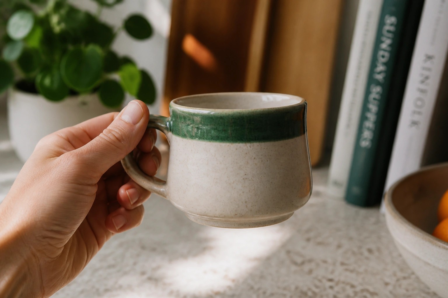 Hand in beige knit sweater holding green-rimmed ceramic mug above marble counter