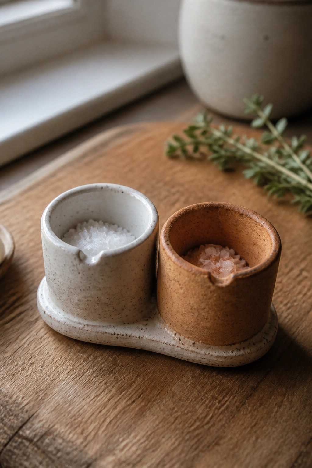 Two ceramic salt cellars with white and pink salt on a wooden board beside herbs.