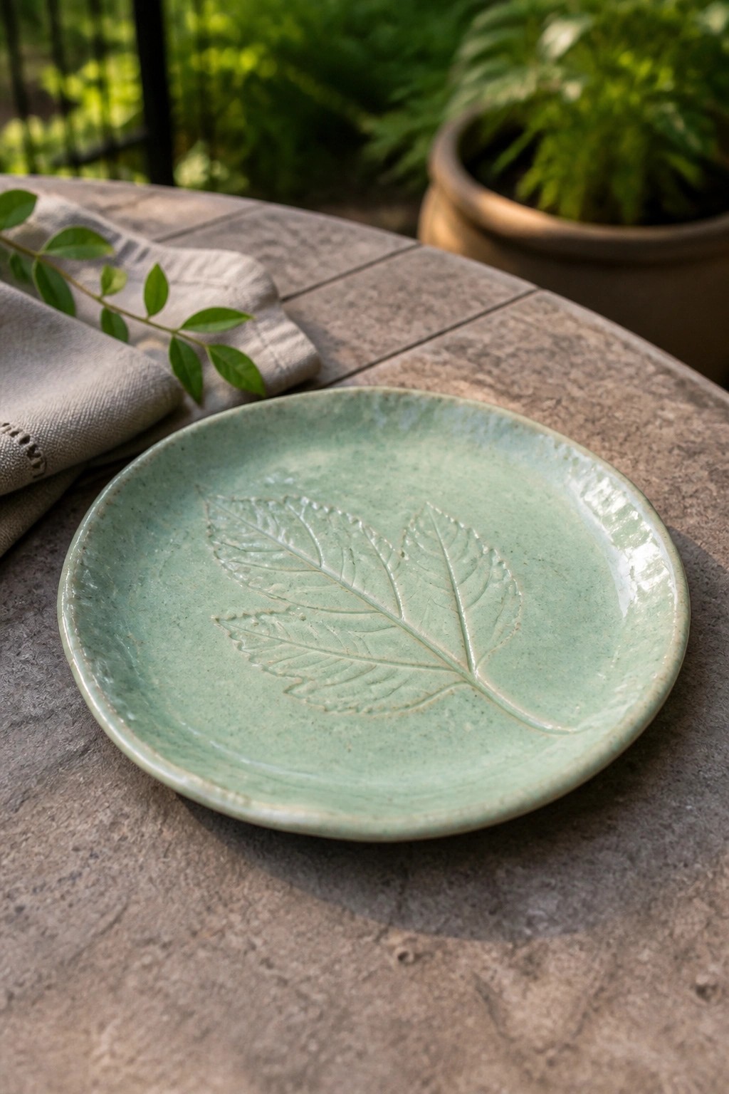 Green ceramic plate with leaf imprint on stone table beside linen napkin