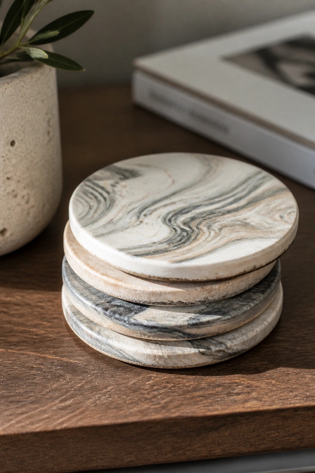 Stack of four swirled marble coasters on dark wooden table