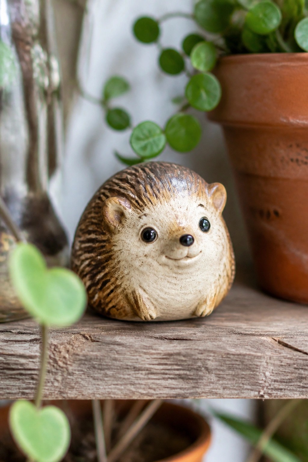 Ceramic hedgehog figurine on wooden shelf amid potted plants and greenery