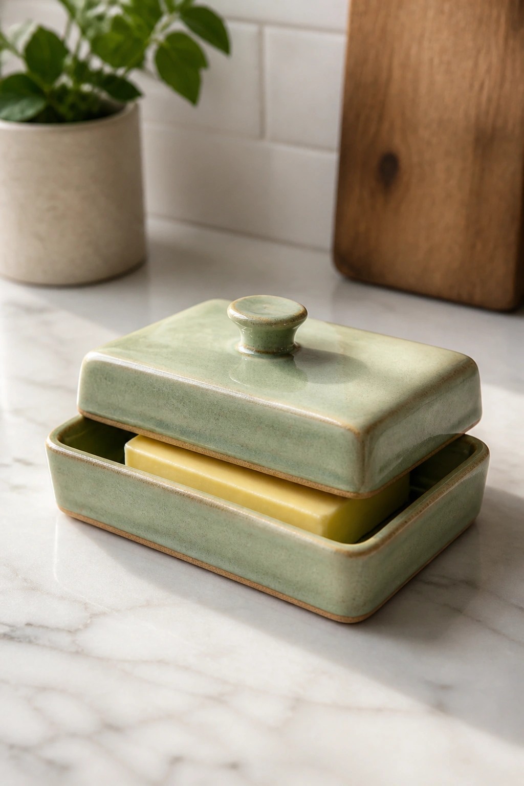 Light green ceramic butter dish with lid open over yellow butter on marble