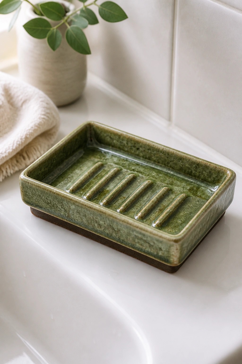 Green ceramic soap dish with ridges on white bathroom sink beside towel and plant