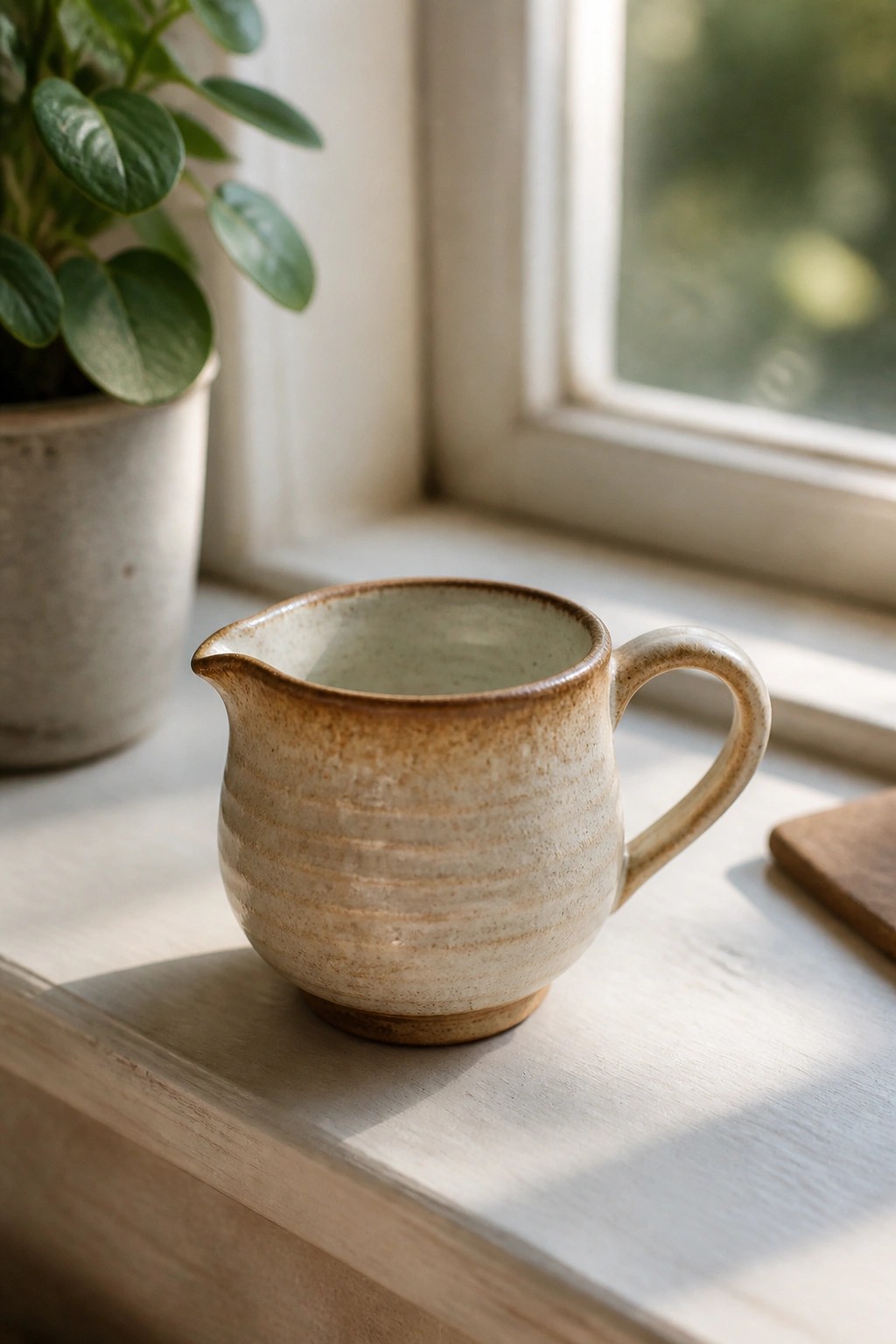 Ceramic pitcher with handle on wooden windowsill beside potted plant in sunlight